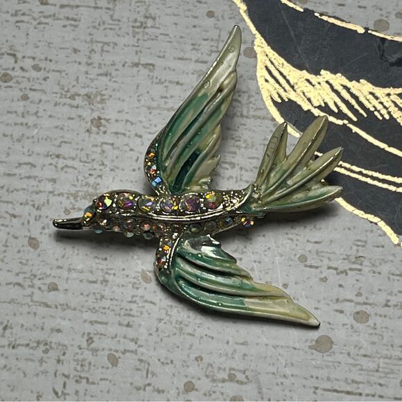 Vintage Sparkling AB Crystal Green and Gold Enamel Bird Brooch D3 - Picture 4 of 7